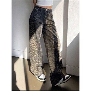 leopard print loose fit denim pants